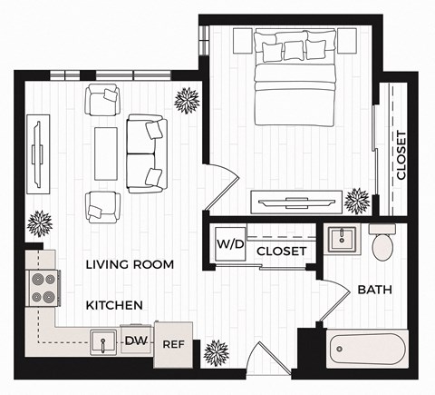 Floor plan for 1 bed, 1 bath, 620 sqft
